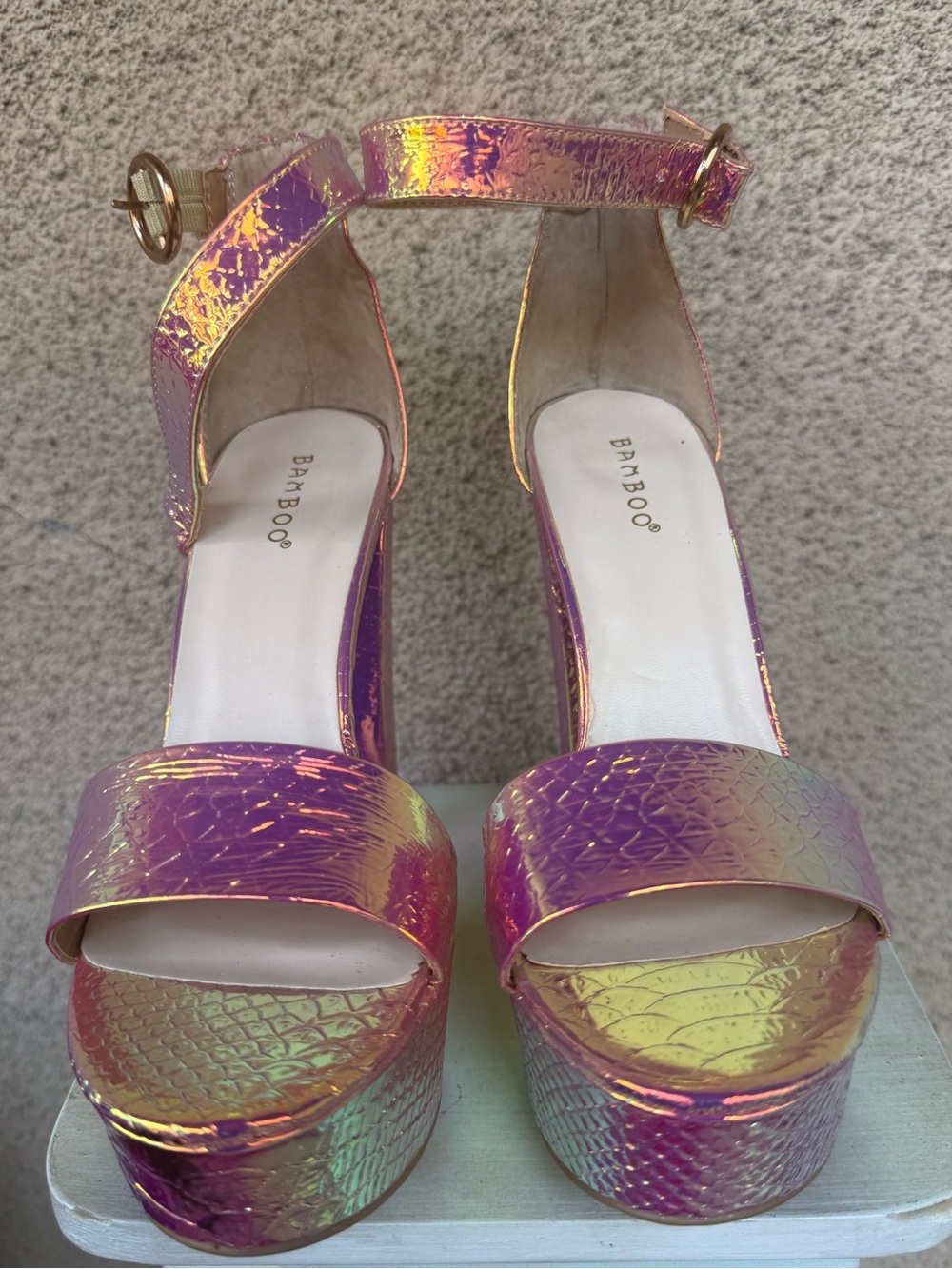 BAMBOO Iridescent Pink-Purple Platform Ankle Strap Sandals